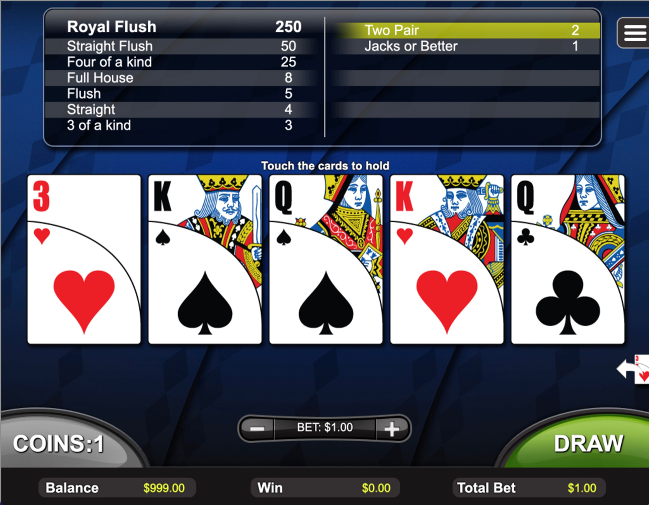 Online video poker interface